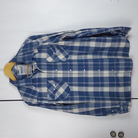 Levi's Strauss Blue/ White Plaid Pocket Pearl Snap Button down Shirt Sz.L - Picture 1 of 9